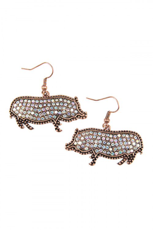 SA4-3-4-KE0218CBAB BURNISH GOLD CAST METAL PIG WITH RHINESTONE INSET HOOK EARRINGS/6PAIRS