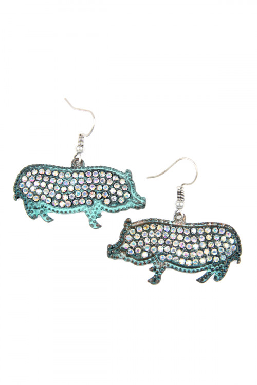 SA4-2-2-KE0218PTAB SILVER TURQUOISE CAST METAL PIG WITH RHINESTONE INSET HOOK EARRINGS/6PAIRS