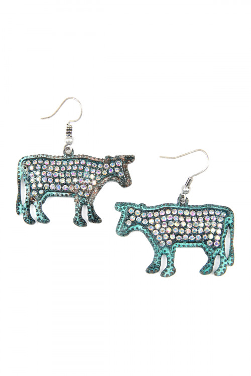 S4-6-3-KE0219PTAB SILVER TURQUOISE METAL COW CAST WITH RHINESTONE INSET EARRINGS/6PAIRS
