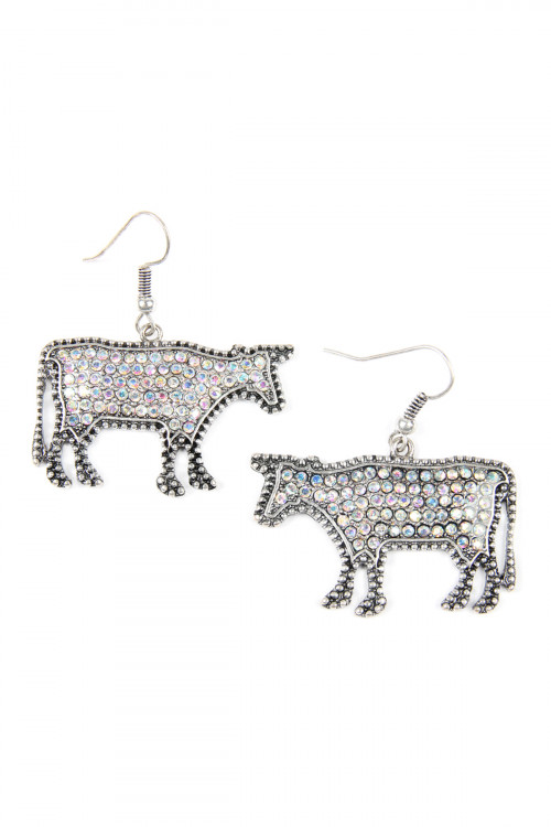 S4-6-2-KE0219SBAB BURNISH SILVER METAL COW CAST WITH RHINESTONE INSET EARRINGS/6PAIRS