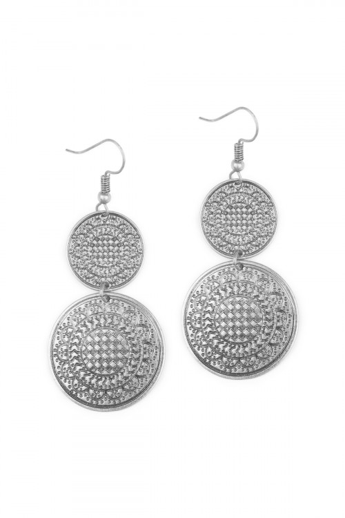 237-F-KE0349SB SILVER DISC DROP MOROCCAN EARRING/6PAIRS