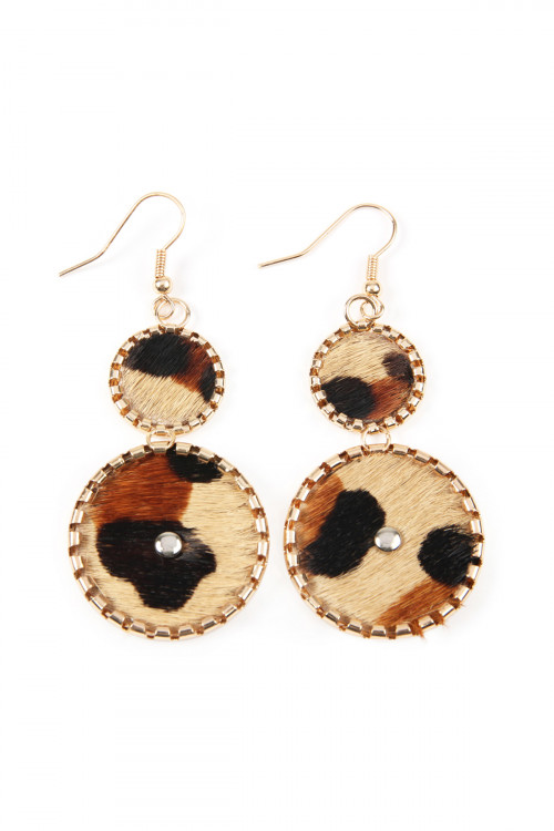 S7-5-4-KE0722TG TIGER DOUBLE DISC FRAME WITH PINNED ANIMAL SKIN LEATHER INSET HOOK EARRINGS/6PAIRS