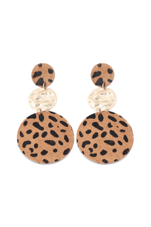 S22-6-3-KE7012DBR - ROUND LEOPARD LEATHER WITH METAL LINK DROP EARRINGS - DARK BROWN/6PCS