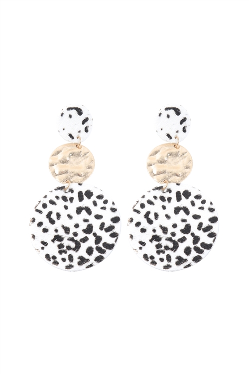 S22-6-3-KE7012WGBW - ROUND LEOPARD LEATHER WITH METAL LINK DROP EARRINGS - BLACK WHITE/6PCS