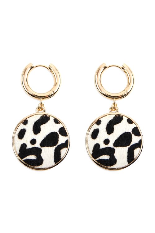 S22-10-4-KE7206BW - LEOPARD PRINT DISK HOOP DANGLE EARRINGS -BLACK WHITE/6PCS