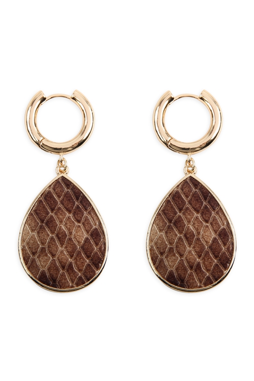 S22-10-4-KE7209BR - SNAKE SKIN DANGLE TEARDROP HOOP EARRINGS - BROWN/1PC (NOW $0.50 ONLY!)