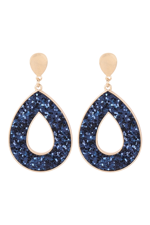 A1-2-1-KE7584WGNY - OPEN TEARDROP GLITTER POST EARRINGS - MATTE GOLD NAVY/6PCS