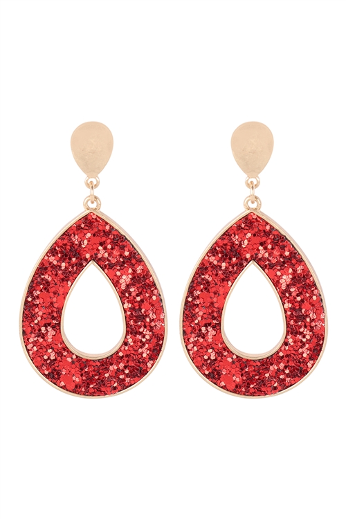 A1-2-1-KE7584WGRD - OPEN TEARDROP GLITTER POST EARRINGS - MATTE GOLD RED/6PCS