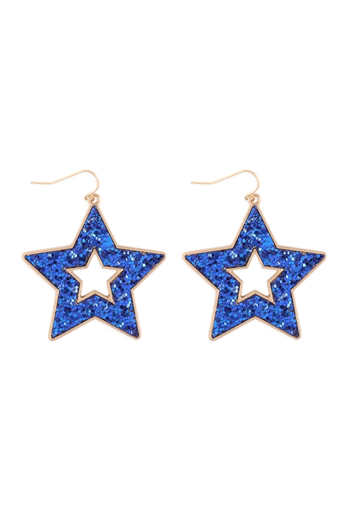 A1-3-5-KE7588WGBL - OPEN STAR GLITTER HOOK DROP EARRINGS - MATTE GOLD BLUE/6PCS