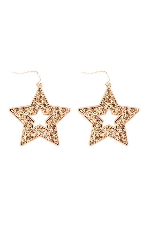 A1-3-5-KE7588WGGD - OPEN STAR GLITTER HOOK DROP EARRINGS - MATTE GOLD/6PCS(NOW 1$ ONLY!)