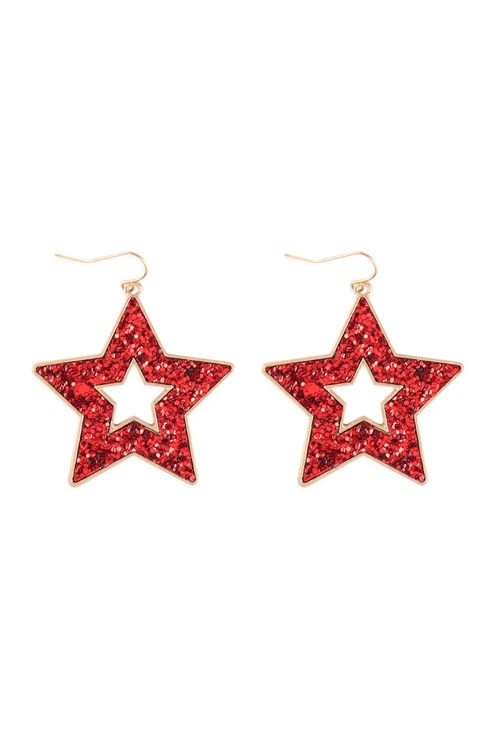 A1-3-5-KE7588WGRD - OPEN STAR GLITTER HOOK DROP EARRINGS - MATTE GOLD RED/6PCS