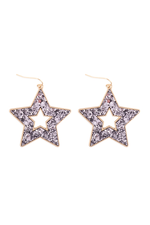 A1-3-5-KE7588WGSV - OPEN STAR GLITTER HOOK DROP EARRINGS - MATTE GOLD SILVER/6PCS