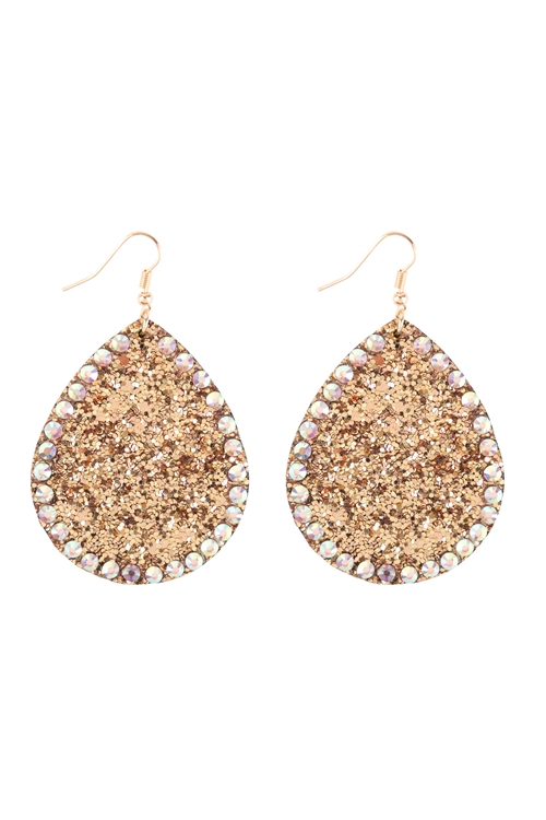 A1-2-5-KE7614GDGD - TEARDROP GLITTER W/ RHINESTONE HOOK EARRINGS - GOLD/6PCS