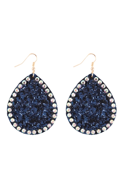 A1-2-5-KE7614GDNY - TEARDROP GLITTER W/ RHINESTONE HOOK EARRINGS - NAVY/6PCS