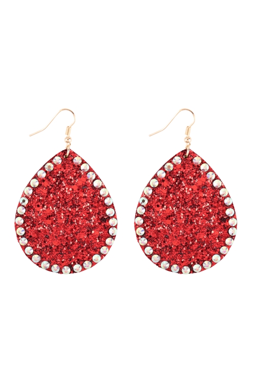 A1-3-5-KE7614GDRD - TEARDROP GLITTER W/ RHINESTONE HOOK EARRINGS - RED/6PCS