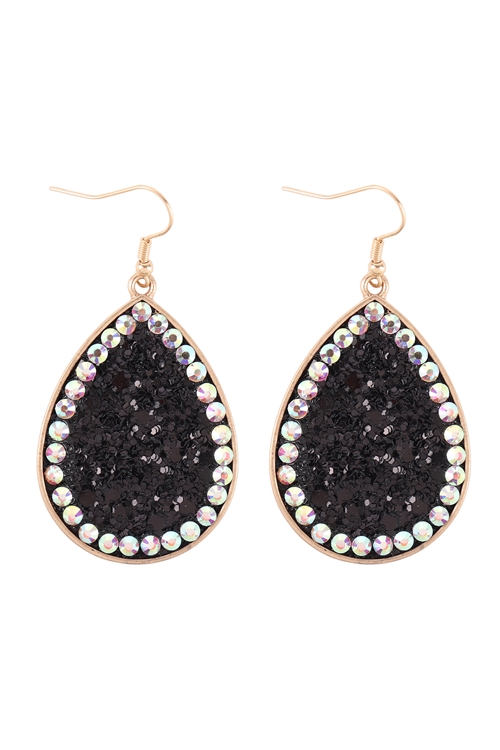 A1-2-2-KE7622GDBK - TEARDROP GLITTER  W/ RHINESTONE HOOK EARRINGS-GOLD BLACK/6PCS