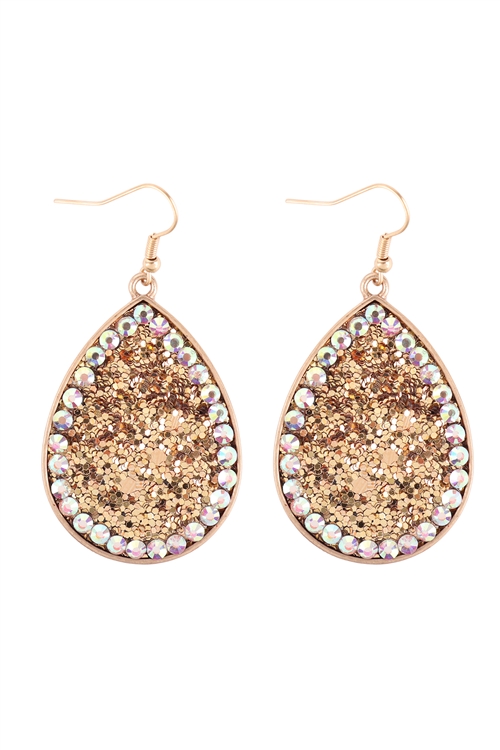 A1-2-2-KE7622GDGD - TEARDROP GLITTER  W/ RHINESTONE HOOK EARRINGS-GOLD/6PCS