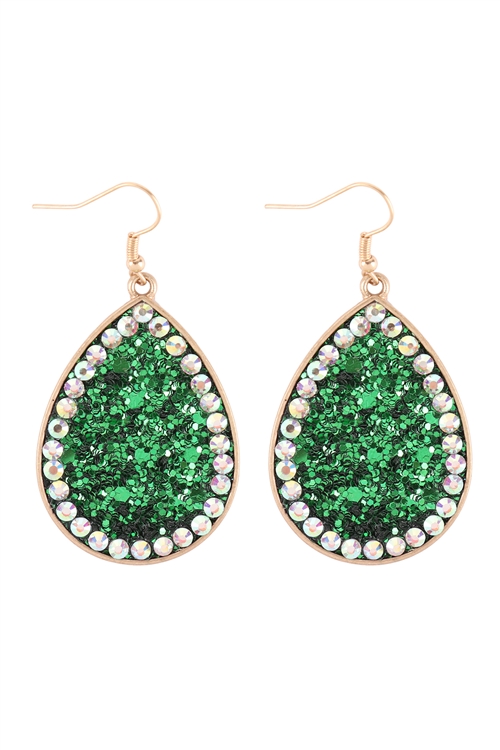 A1-2-2-KE7622GDGR - TEARDROP GLITTER  W/ RHINESTONE HOOK EARRINGS-GOLD GREEN/6PCS