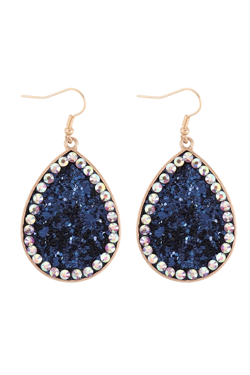 A1-2-2-KE7622GDNY - TEARDROP GLITTER  W/ RHINESTONE HOOK EARRINGS-GOLD NAVY/6PCS