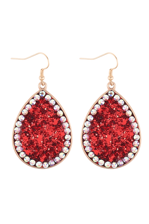 A1-2-2-KE7622GDRD - TEARDROP GLITTER  W/ RHINESTONE HOOK EARRINGS-GOLD RED/6PCS