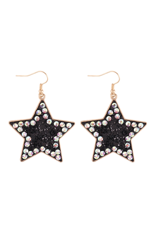 A1-3-5-KE7624GDBK - STAR GLITTER W/ RHINESTONE EARRINGS-GOLD BLACK/6PCS