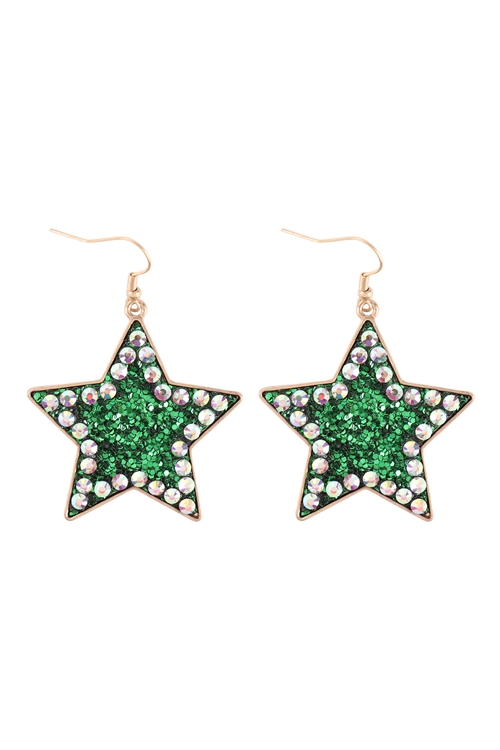 A1-3-5-KE7624GDGR - GLITTER W/ RHINESTONE EARRINGS-GOLD GREEN/6PCS (NOW $1.00 ONLY!)