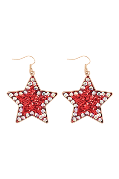 A1-3-5-KE7624GDRD - GLITTER W/ RHINESTONE EARRINGS-GOLD RED/6PCS