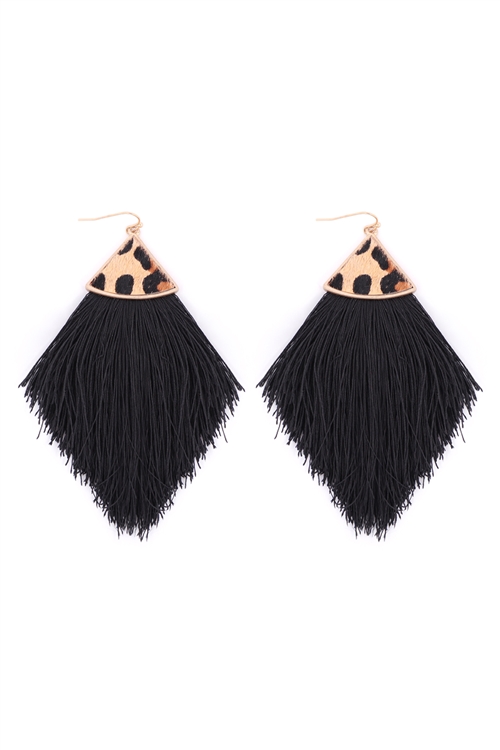 S1-7-1-KE7671BRBK - LEOPARD PRINT FRINGE DROP EARRINGS - BLACK/6PCS