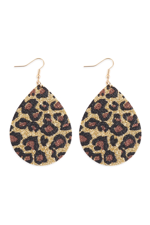 A3-1-2-KE7674GDGD - LEOPARD PRINT GENUINE LEATHER TEARDROP EARRINGS - GOLD/6PCS