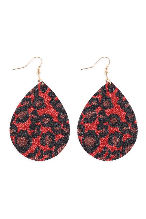 A3-1-2-KE7674GDRD - LEOPARD PRINT GENUINE LEATHER TEARDROP EARRINGS - RED/6PCS