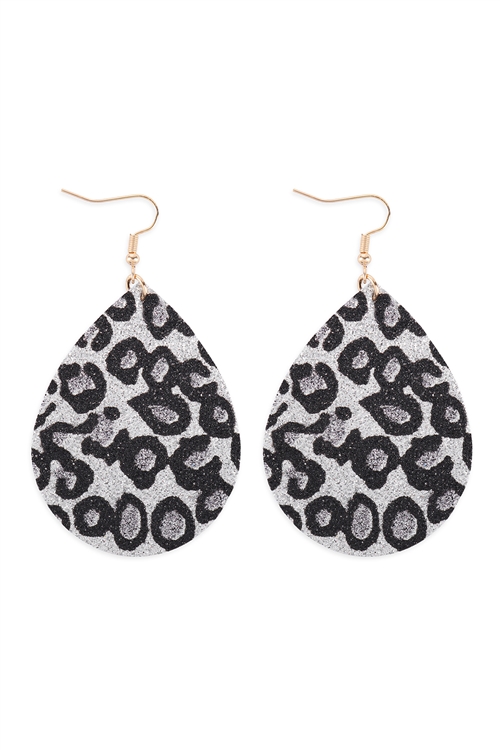 A3-1-2-KE7674GDSV - LEOPARD PRINT GENUINE LEATHER TEARDROP EARRINGS - SILVER/6PCS