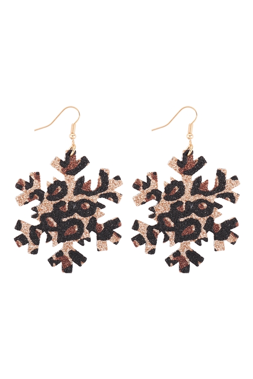 A1-3-5-KE7676GDBR - SNOWFLAKE LEOPARD PRINT GENUINE LEATHER HOOK EARRINGS-GOLD BROWN/6PCS