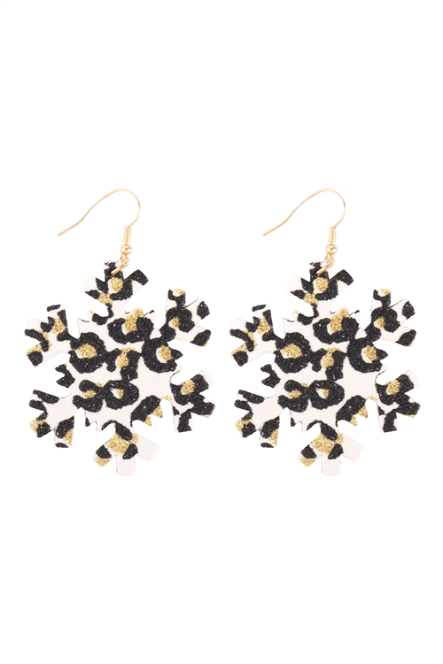 A1-3-5-KE7676GDWT - SNOWFLAKE LEOPARD PRINT GENUINE LEATHER HOOK EARRINGS-GOLD WHITE/6PCS