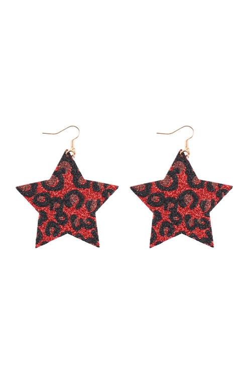 A3-1-2-KE7692GDRD - LEOPARD PRINT GENUINE LEATHER STAR EARRINGS - RED/1PC