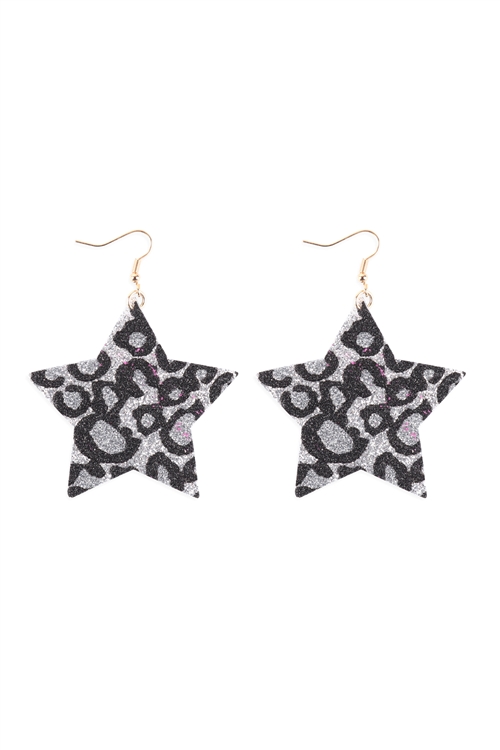 A3-1-2-KE7692GDSV - LEOPARD PRINT GENUINE LEATHER STAR EARRINGS - SILVER/1PC