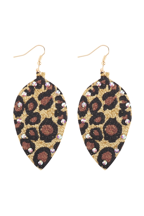 A1-3-5-KE7897GDGD - LEAF SHAPE LEATHER LEOPARD PRINT W/ RHINESTONE DROP EARRINGS-GOLD/6PCS