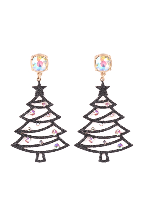 A1-2-5-KE7935WGBK - CHRISTMAS TREE GLITTER W/ RHINESTONE DROP EARRINGS-MATTE GOLD BLACK/6PCS