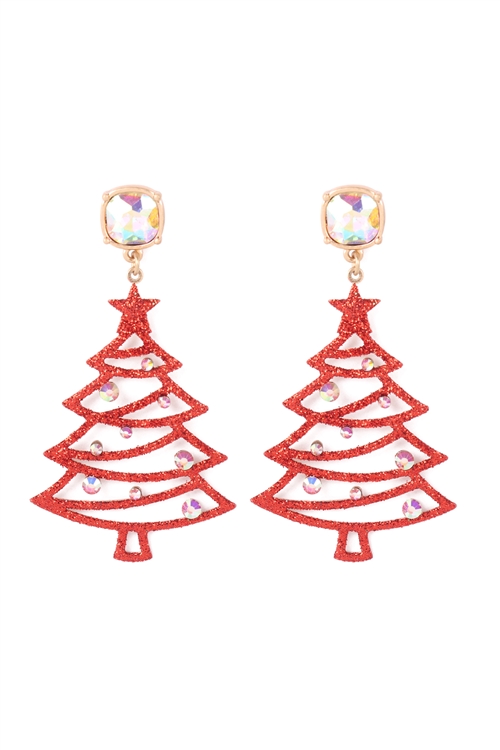 A1-2-5-KE7935WGRD - CHRISTMAS TREE GLITTER W/ RHINESTONE DROP EARRINGS-MATTE GOLD RED/6PCS