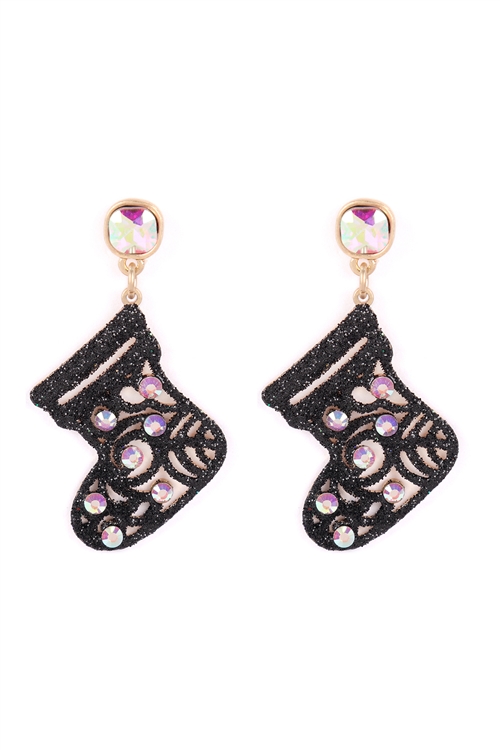 A1-2-5-KE7977WGBK - CHRISTMAS GLITTER STOCKING W/ RHINESTONE DROP EARRINGS-BLACK/1PC (NOW $1.25 ONLY!)