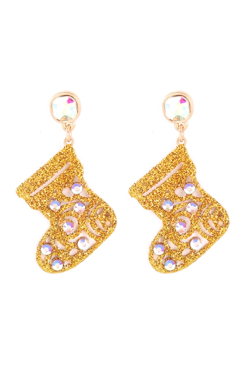 A1-2-5-KE7977WGGD - CHRISTMAS GLITTER STOCKING W/ RHINESTONE DROP EARRINGS-GOLD/1PC