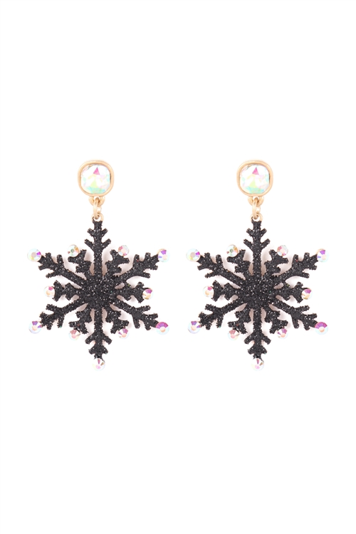 A1-2-5-KE7979WGBK - CHRISTMAS GLITTER SNOWFLAKE W/ RHINESTONE DROP EARRINGS-MATTE GOLD BLACK/6PCS