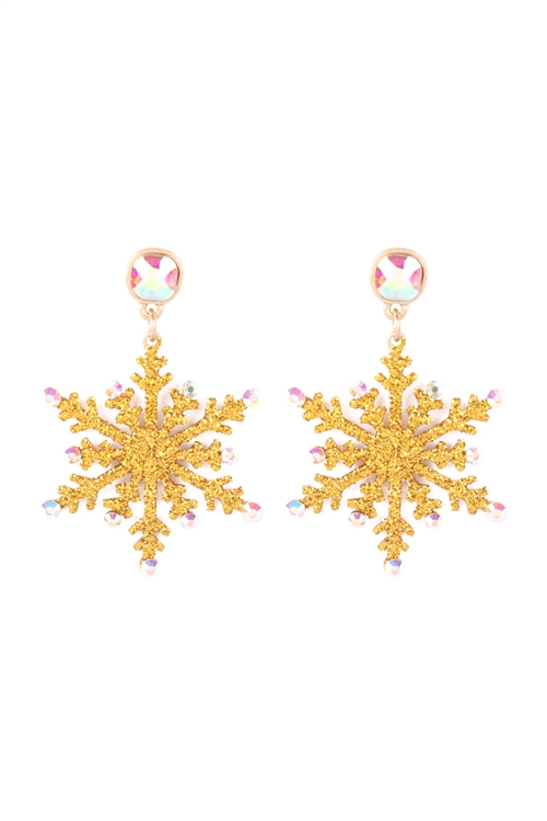 A1-2-5-KE7979WGGD - CHRISTMAS GLITTER SNOWFLAKE W/ RHINESTONE DROP EARRINGS-MATTE GOLD /6PCS