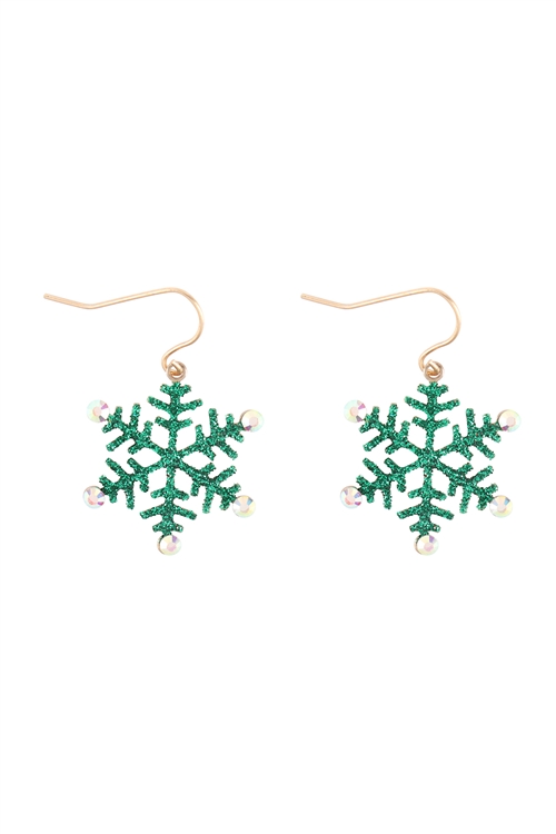 A3-1-3-KE7980WGGR - CHRISTMAS GLITTER SNOWFLAKE DROP EARRINGS-MATTE GOLD GREEN/6PCS