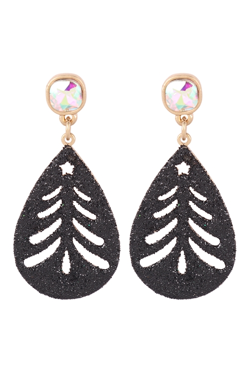 A3-1-3-KE7986WGBK - GLITTER CHRISTMAS TREE CUT TEARDROP EARRINGS-MATTE GOLD BLACK/6PCS