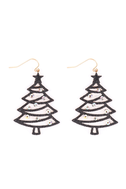 A1-3-5-KE7987WGBK - CHRISTMAS TREE GLITTER DROP EARRINGS-MATTE GOLD BLACK/6PCS