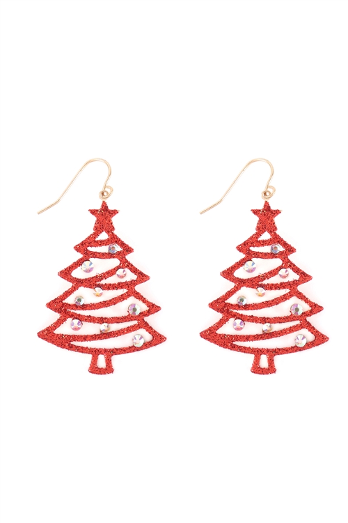 A1-3-5-KE7987WGRD - CHRISTMAS TREE GLITTER DROP EARRINGS-MATTE GOLD RED/6PCS