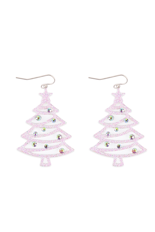 A1-3-5-KE7987WSAB - CHRISTMAS TREE GLITTER DROP EARRINGS-MATTE SILVER AB/6PCS