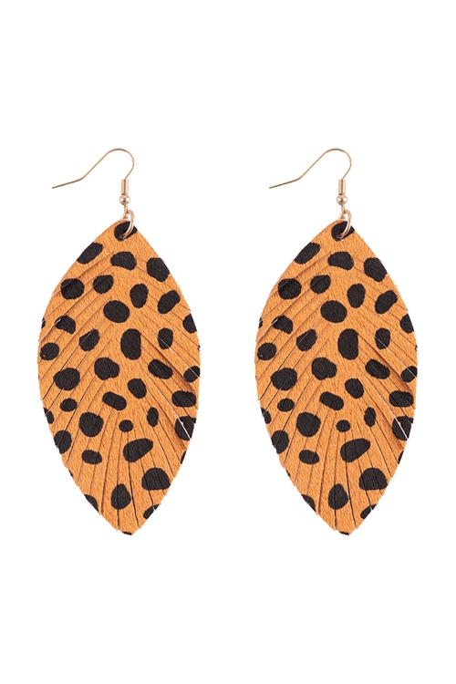 A2-2-4-KE8056WGYL - LEOPARD PRINT LEATHER LEAF FRINGE DROP FISH HOOK EARRINGS - YELLOW/6PCS (NOW $1.75 ONLY!)