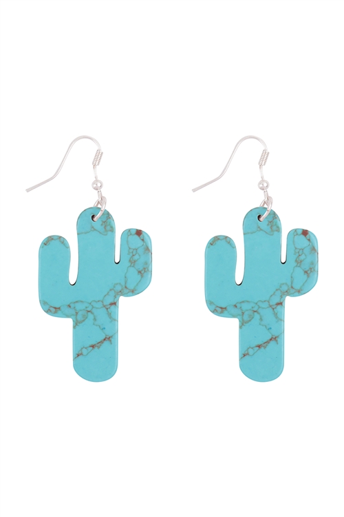 S1-6-2-KE8114WSTQ - CACTUS NATURAL STONE DROP HOOK EARRINGS - MATTE SILVER TURQUOISE/6PCS