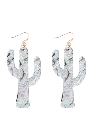 A1-2-4-KE8267WGGR - CACTUS LEATHER DROP FISH HOOK EARRINGS - MATTE GOLD GRAY/1PC